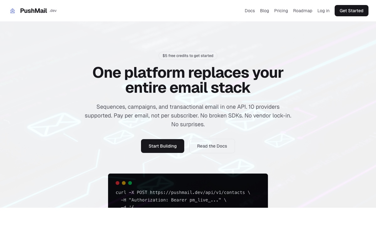 PushMail homepage screenshot
